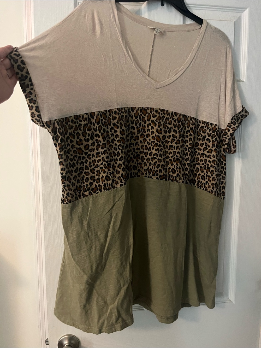 Umgee Beige, Leopard & Olive Colorblock V-Neck Tunic